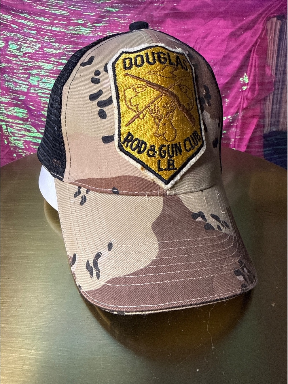 Vintage Douglas Rod & Gun Club L.B. Patch Desert Camo Mesh Trucker Hat Custom